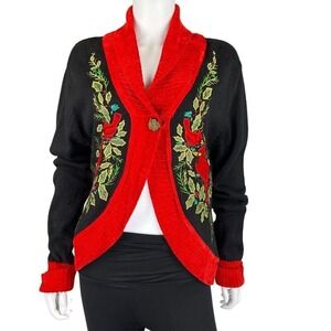 Lisa International Cardigan Sweater Womens L Black Red Shawl Collar Embroidered